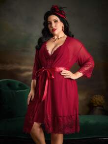 PinupPomp Plus Contrast Lace Mesh Robe & Cami Dress PJ Set / Pajama Set - Burgundy - View 2
