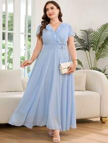 Reflora 大码女士优雅印花连衣裙，夏季婚礼宾客礼服 - 藍色 - 查看 5