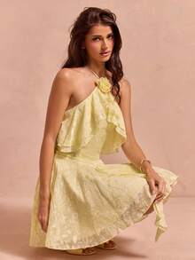 Enchnt Women's Elegant Pale Yellow Summer Halter Neck Dress,3D Floral Decor Ruffle Trim Solid Color Chic Holiday Vacation Outfits,Mother's Day Party - Yellow - View 6