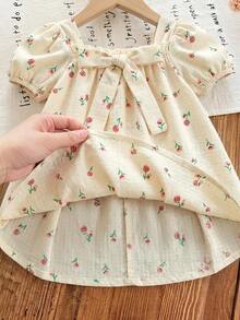 SHEIN Đầm ngắn tay ngắn thắt nơ màu xanh lá cây dễ thương cho bé gái, thích hợp cho kỳ nghỉ hè. - Nhiều màu - Xem 6