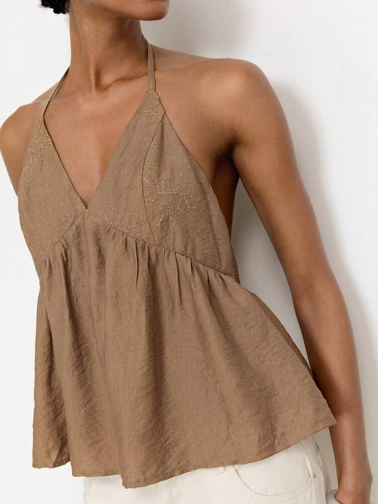 SHEIN Maija Mocha 's Summer Embroidered Fabric Halter Neck Backless Tie-Back Vest, Fashionable Casual Boho Beach Holiday Vacation Resort Versatile Holiday