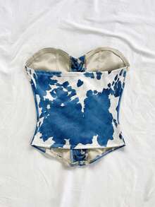 Soleia Halter Strap Suede Rivet Deconstruction Crop Top,White Animal Print,Summmer,Western,Music Festival,Bohemian,Holiday,Beach,Vacation Summer Outfit - Blue and White - View 2