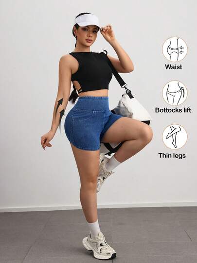 VARSIVA Quần short denim co giãn cạp cao VARSITIE dành cho nữ, ôm bụng, thoải mái khi chơi thể thao và mặc hàng ngày.