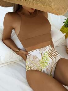 SHEIN Swim 女士夏季度假沙滩树叶印花吊带泳衣套装 - 咖啡棕 - 查看 1