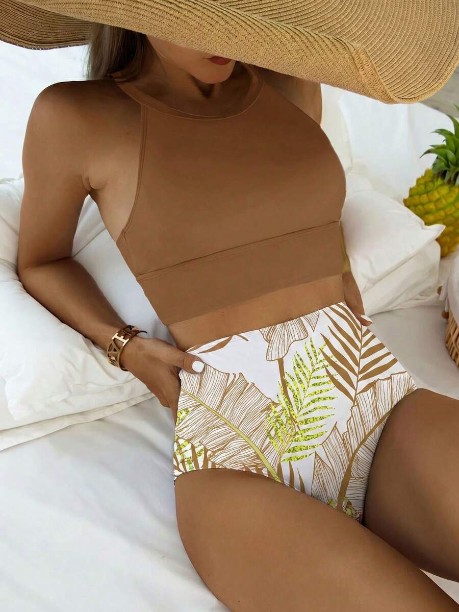 SHEIN Swim 女士夏季度假沙滩树叶印花吊带泳衣套装 - 咖啡棕 - 查看 1