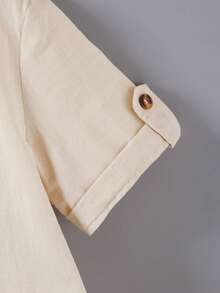 Souflis Souflis Young Boys Short Sleeve Cotton Button Down Shirt, Mandarin Collar Roll Cuff Casual Linen Look Top For Kids Casual Summer Blouse Summer Top - Khaki - View 6