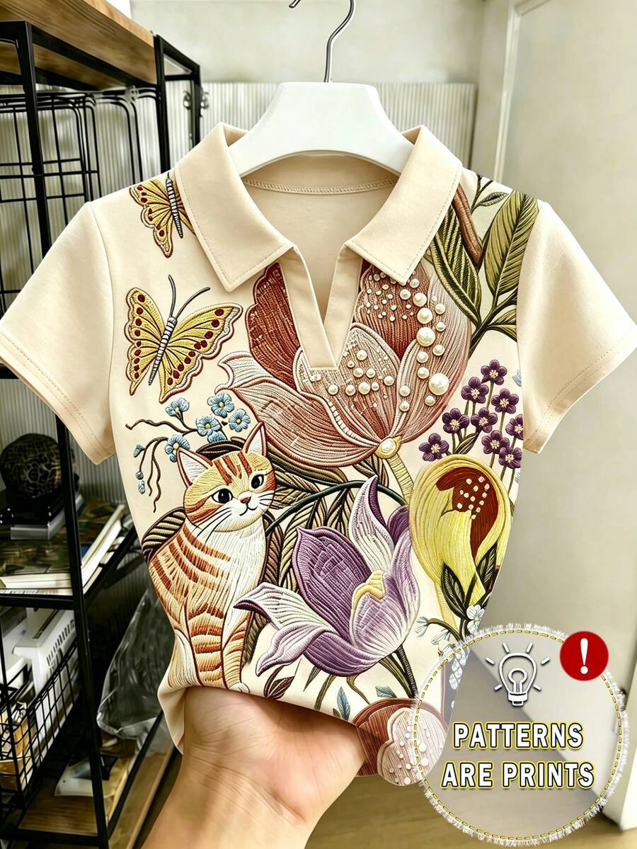 Resyla 女士上衣 / 动物花粉时尚T恤 / 休闲多功能女士Polo领短袖上衣 / 时尚单品 / 送她的礼物 / 节日礼物 / 2026春夏女士Polo领短袖上衣 - 彩色 - 查看 1