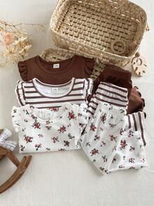SHEIN Playful Pals 3条装女婴碎花条纹纯色弹力腰喇叭裤休闲裤，春秋季 - 咖啡棕 - 查看 7