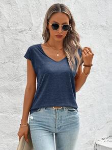 Easowa Camiseta casual de mujer de unicolor con espalda retorcida, para primavera/verano - Azul Marino - Ver 5
