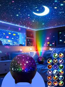 1個USB星空投影夜燈，適合作為臥室生日禮物送給聖誕節，適合發光星星和月亮，助眠，天體投影燈，月亮和星星夜燈，星空效果，發光設計，USB燈，適用於所有場景，派對禮物 - 彩色 - 查看 4