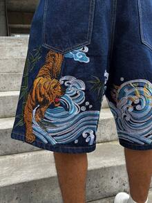 GALLERY FADE 男士休閒街頭風刺繡深藍色牛仔短褲，度假款 - 深色水洗藍 - 查看 3