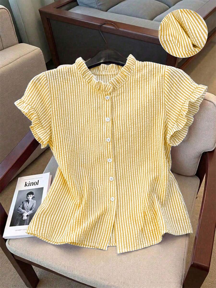 Franclia Women's Striped Print Ruffle Front Button Casual Short Sleeve Shirt - Yellow - View 1