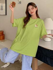 DAZY 2件套女士可爱木马印花上衣和格子彩色波点睡裤，夏季家居服套装 - 綠色 - 查看 6