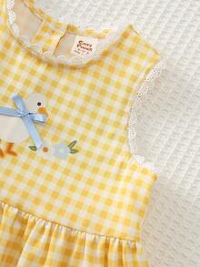 Cozy Pixies Baby Girls Sleeveless Floral Woven Dress,Yellow Plaid Duck Print Dress With Bow,Cute Summer Princess Dress,Comfortable Party Pastoral Nordic Outings - Yellow - View 4