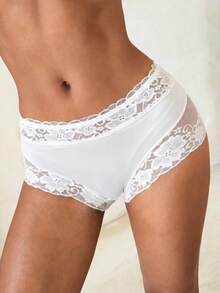 Aloruh 1pc Women Simple Solid Color Lace Patchwork Briefs Bridallingerie - White - View 4