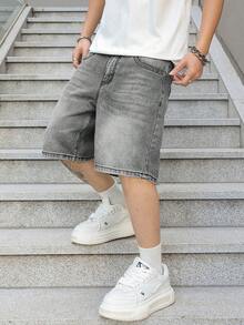 Manfinity EMRG Celana Pendek Denim Pria Model Longgar Lebar Kasual Serbaguna Warna Abu-abu - Light Grey - View 5