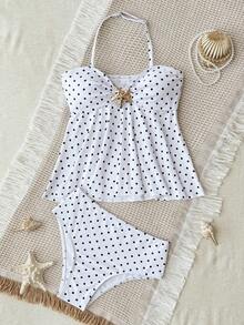 SHEIN Tween Girl Printed Polka Dot Halter Tankini Swimwear Set, Suitable For Beach, Vacation - Black and White - View 3