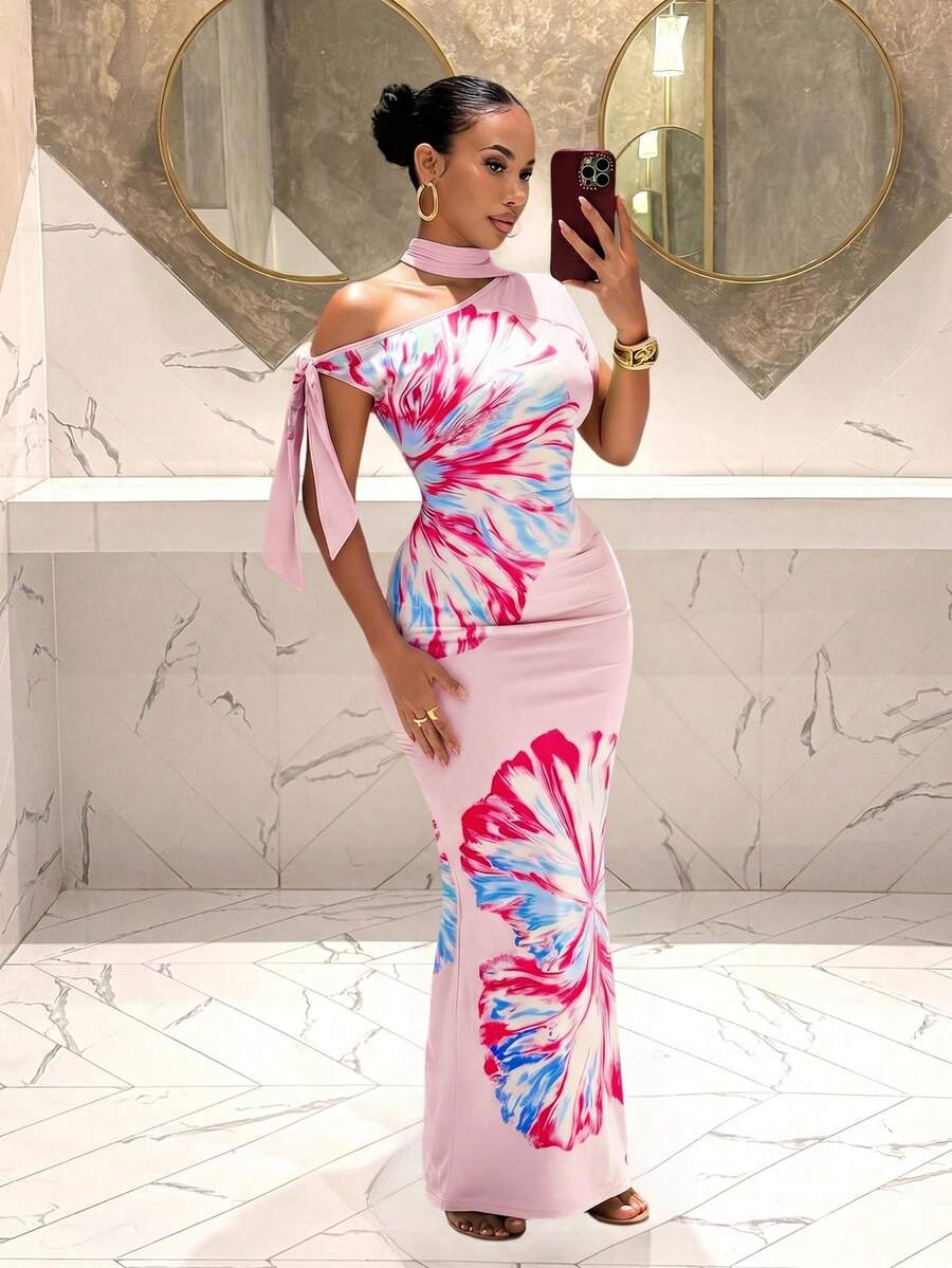 Slaydiva Nuevo estilo de verano, perfecto para fiestas de cumpleaños, regreso a la escuela, preppy, ropa de estudiante, salidas diarias, básico y versátil, casual, vacaciones, viajes en crucero, playa, , tomar el sol, estilo en línea, estilo callejero, chica sexy milenial Y2K, vestido de malla con lazo de un hombro, estampado floral grande, bloqueo de color macaron, vestido largo ajustado - A - Rosa - Ver 1