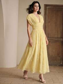 Anewsta Nuevo Vestido Elegante con Bordado Floral de Primavera/Verano - Amarillo - Ver 4