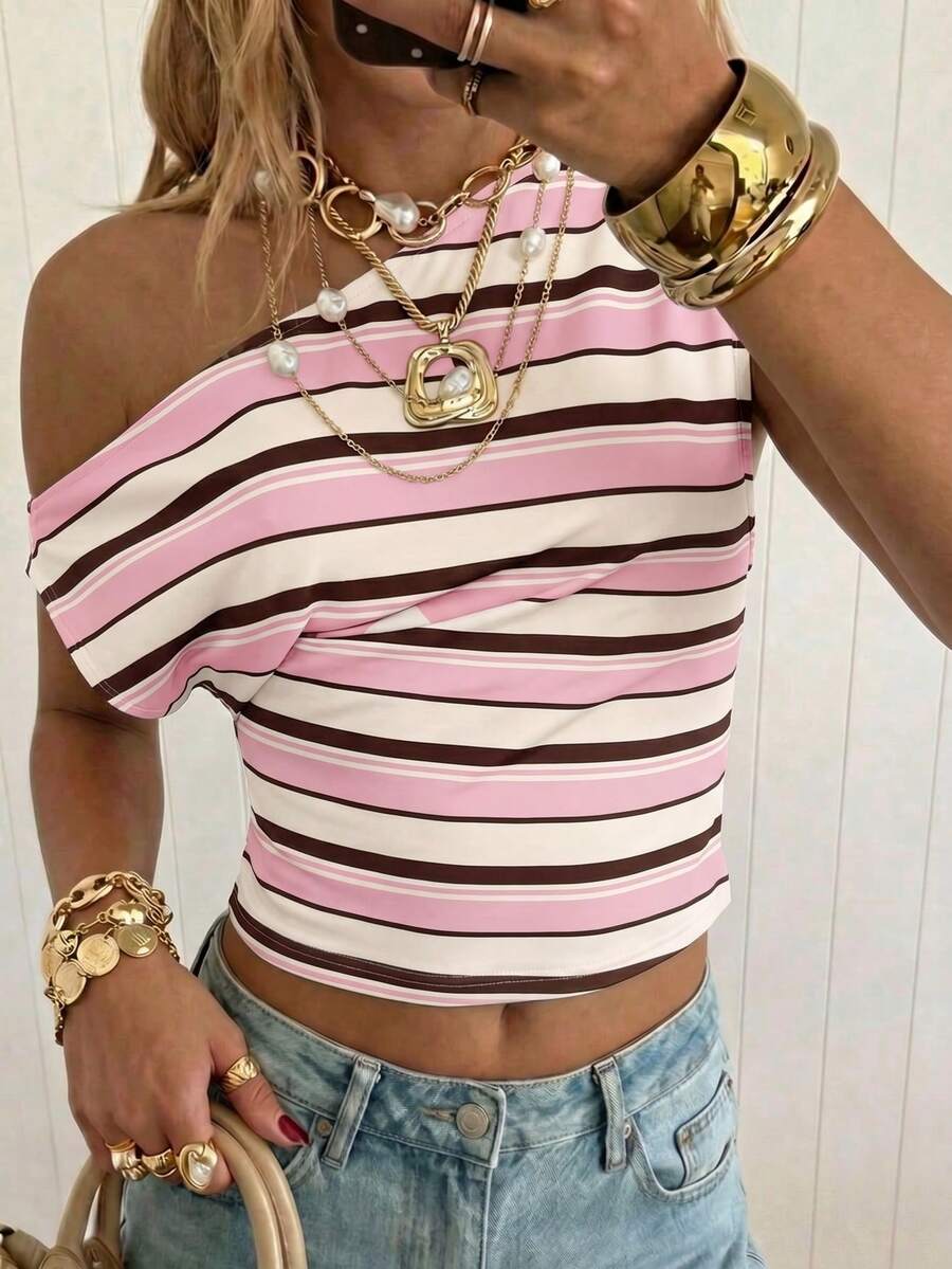 SHEIN EZwear 女士不对称褶皱短款上衣 - 粉色 - 查看 1