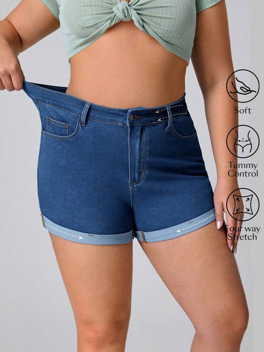 SHEIN Essnce Plus Size Women Dusty Blue Denim Elastic Sexy Fashion Shorts Date Night Summer - Medium Wash - View 1
