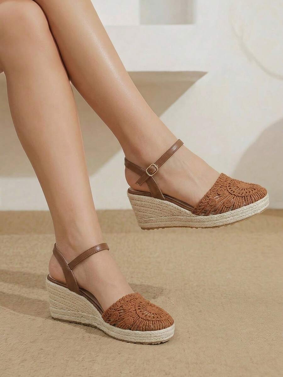 Styleloop Giày nữ, màu nâu, giày rơm đan bằng dây gai dầu, sandal đế xuồng, giày giúp tăng chiều cao, phong cách bohemian cho kỳ nghỉ. - màu nâu - Xem 1