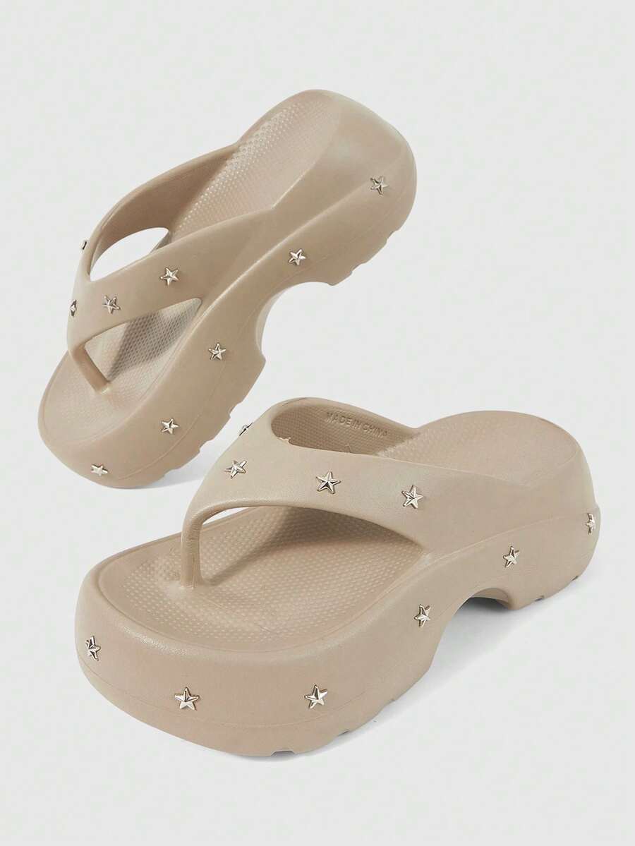 ROMWE Grunge Punk Women's Shoes Light Khaki Rock Punk Sandals, Summer Open-Toed Rivets Gothic Beach Roman Flip-Flops Summer Shoes - Grey + rivet - View 1
