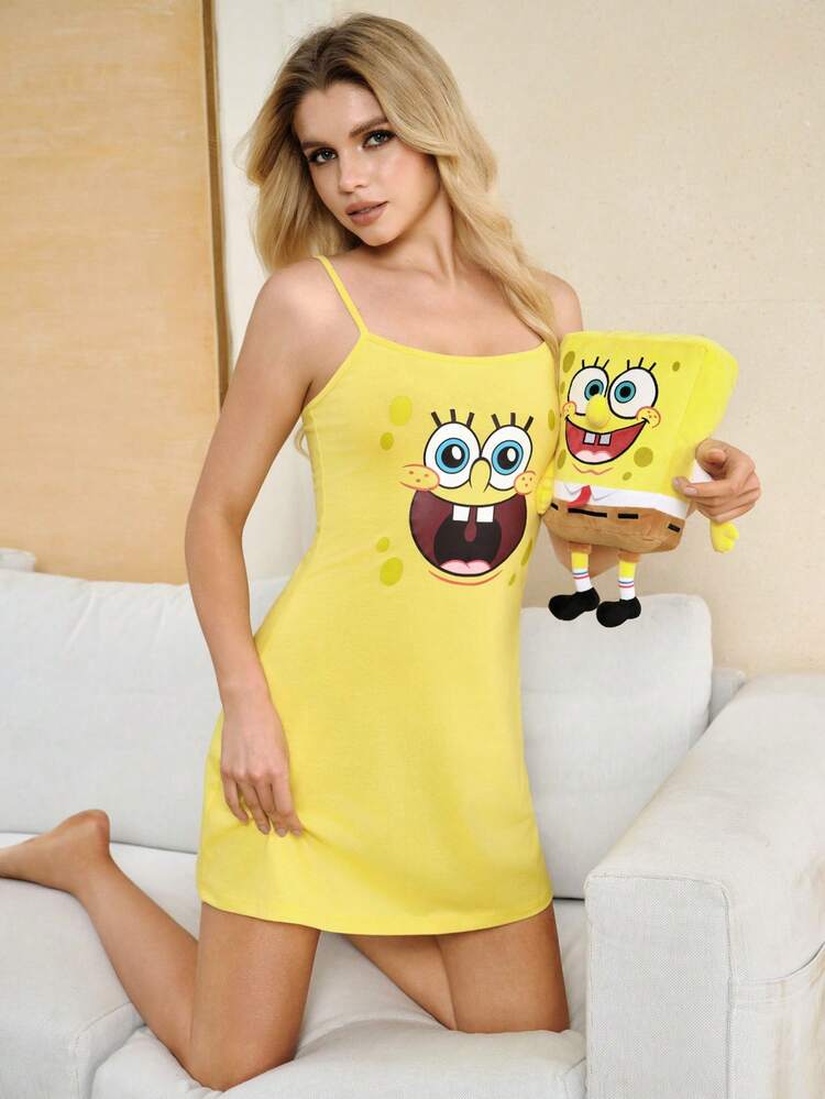 SpongeBob SquarePants | SHEIN 女士卡通印花休闲日常无袖睡裙 - 黃色 - 查看 3