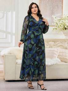 Modelyn Plus Size Elegant Floral Print Midi Dress For Commuting Fall - Blue - View 3
