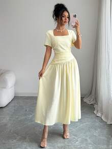 Elenzga Đầm midi tay ngắn dáng chữ A suông từ ngực đến eo, cổ hình thang xếp ly, chất vải mềm, phong cách Pháp lãng mạn retro thanh lịch tôn dáng, đầm công sở đi làm thường ngày, phong cách Âu Mỹ, mặc đi biển nghỉ hè, dạo phố, đơn giản dễ phối, phù hợp làm khách mời đám cưới, phù thủy, tiệc trà chiều Valentine, hàng mới về xuân hè - Vàng nhạt - Xem 1