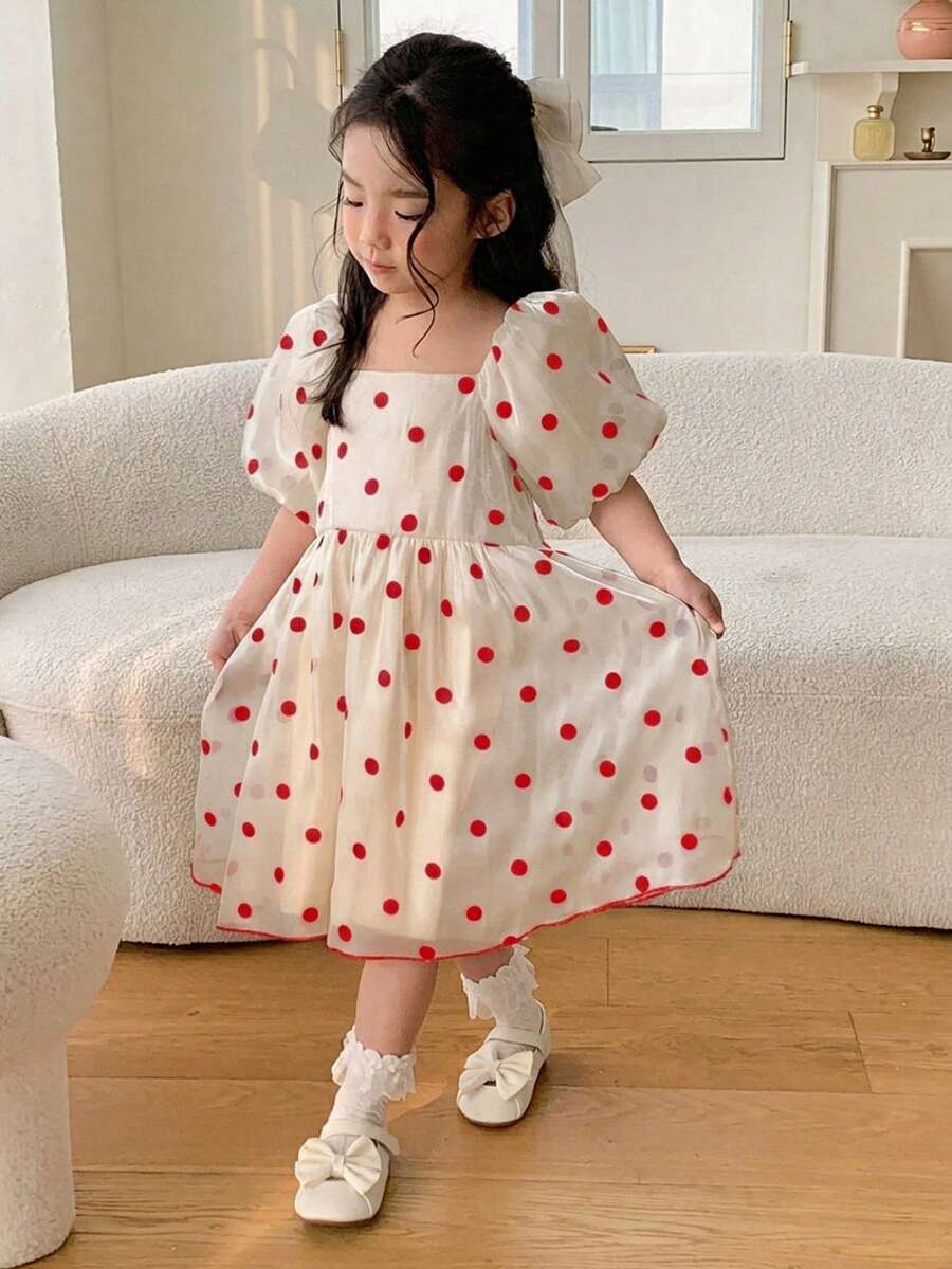 Dazy Kids 女童波点印花方领短袖连衣裙,夏季 - 米色 - 查看 1