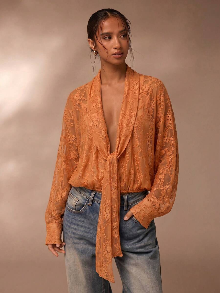 SHEIN Glamour 透視蕾絲襯衫,棕色蕾絲女裝上衣 - 橘色 - 查看 1