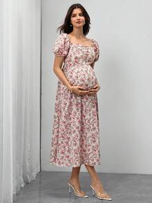 SHEIN Floral Print Maternity Dress With Short Sleeves Holiday Vacation Beige Summer Boho - Pink - View 5