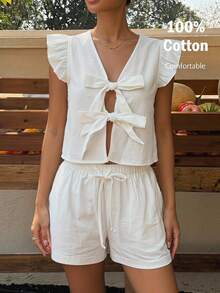 SHEIN EZwear 女士白色梭织衬衫系带短裤休闲套装 - 白色 - 查看 1