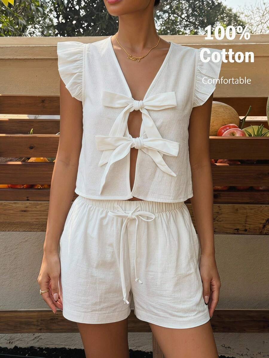 SHEIN EZwear 女士白色梭织衬衫系带短裤休闲套装 - 白色 - 查看 1