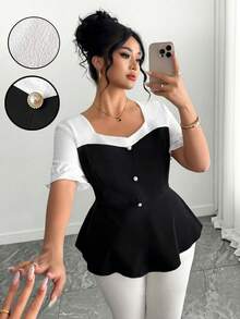 SHEIN CURVE+ Camisa casual elegante e intelectual de mulheres plus size, design de botão único com mangas bufantes de cor contrastante e cintura elástica para efeito de afinar, adequada para trabalho, transporte e lazer diário - Preto e Branco - Visão 4