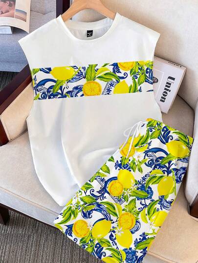 Manfinity Joysei Standard Size Men's Casual Vacation Lemon Print Fitted Tank Top Set, 2 Piece Outfit Suitable For Summer Outing