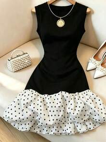 GlowEve Women's Black And White Polka Dot Patchwork Hem Short Summer Dress,Elegant Sophisticated Style For Day Party,Date,Birthday Gift,Fashion Must-Have - Black and White - View 4