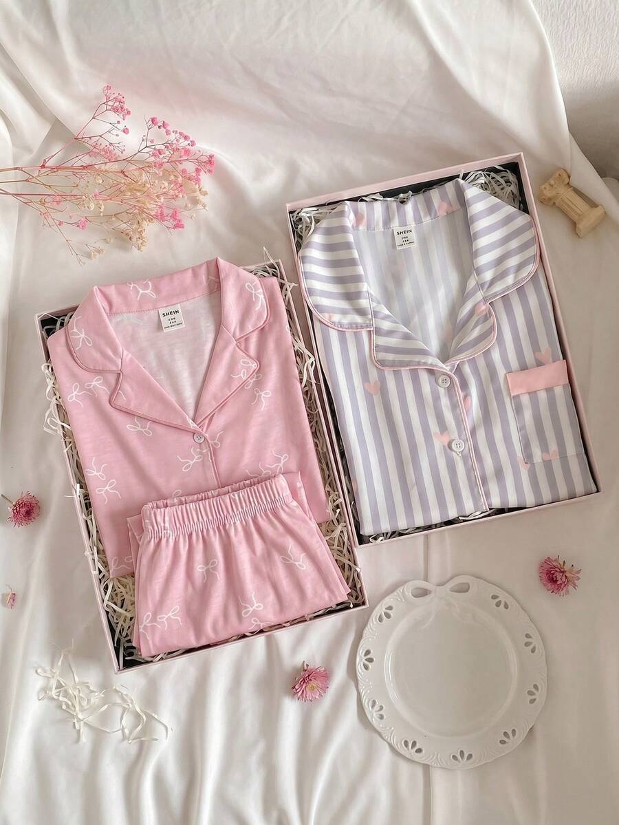 SHEIN 女童甜美蝴蝶结短袖翻领休闲短裤睡衣套装 - 粉色 - 查看 1