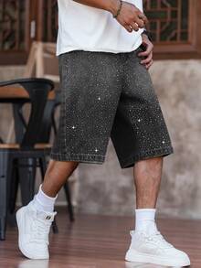 Manfinity EMRG Pantalones cortos de mezclilla de pierna ancha con adornos de diamantes de imitación para hombres de talla grande, vacaciones - Gris - Ver 3