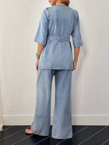 EMERY ROSE Women's Metal Buckle Versatile Short Sleeve Tie-Front Top And Casual Loose Pocket Denim Pants Set - Blue - View 8