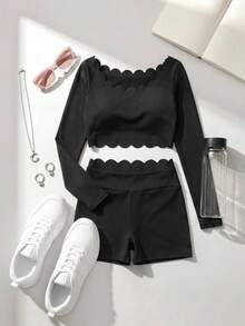 SHEIN Cheerettes 女士纯色弧形下摆长袖T恤和短裤运动套装 - 黑色 - 查看 2