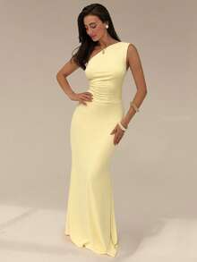 SHEIN Glamour Đầm maxi len dệt hở vai hở lưng đuôi cá gợi cảm, đầm mùa hè nữ, đầm tiệc, đầm đi biển, đầm vàng nhạt, đầm dự tiệc cưới, đầm lãng mạn, đầm mùa hè xu hướng, đầm thời trang, phong cách cô gái mùa hè Miami, đầm đi chơi, đầm hở lưng, đầm trang trọng, đầm sinh nhật, đầm bodycon vàng nhạt - Màu vàng - Xem 3