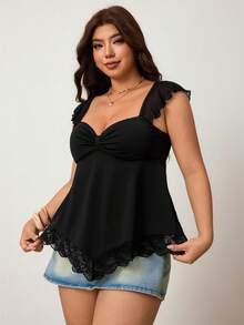 Enliva Plus Size Women Pleated Front A-Line Ruffle Sleeve Backless Casual Vacation Short Tank Top, Suitable For Casual, Vacation, Daily Wear - Black - View 3