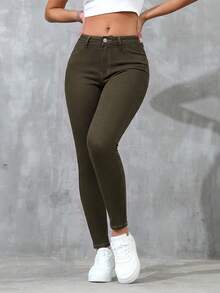 SHEIN Essnce Solid Color Slant Pocket Skinny Casual Everyday Jeans - Army Green - View 4