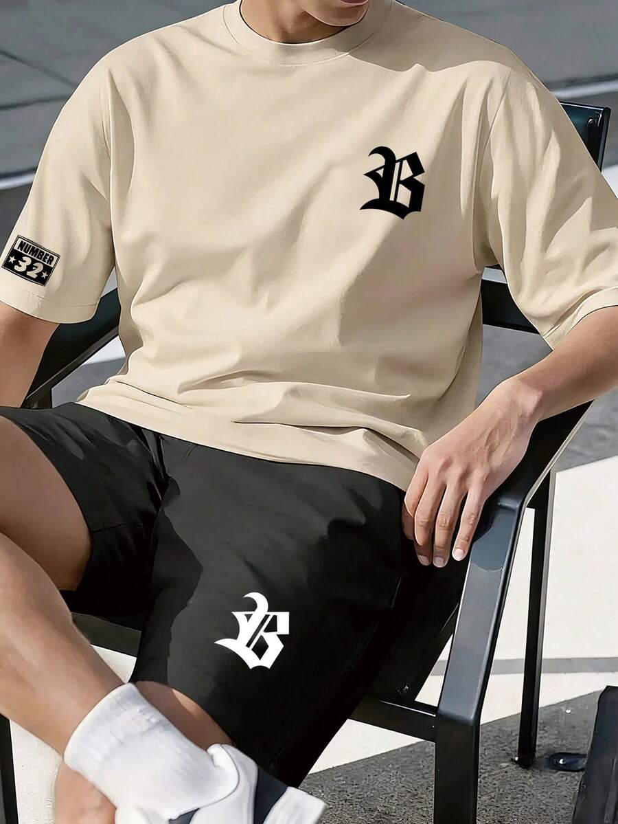 NEOREFINED 男士哥德風 B 字印花卡其色 T恤短褲套裝,休閒穿搭,度假風 - 彩色 - 查看 1