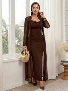 SHEIN Lady Bộ đồ vest đen dài tay & váy cổ chữ V thanh lịch 2 món cho mọi mùa - Màu nâu  Mocha - Xem 3