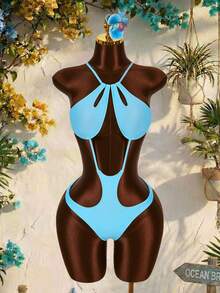 Amplova Women's One-Piece Swimsuit With Cutout Details, Sexy Tropical Avant-Garde, Suitable For Holiday Wear Bathing Suits For Women Beach Vacation Light Blue - Blue - View 4