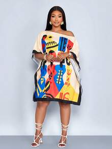 SOLERSUN Plus Size Women Beige Summer Boho Vacation Holiday Dress,Elegant Slanted Asymmetrical Off Shoulder Mid Length,Abstract Geometric Print,Wedding Guest - Apricot - View 8