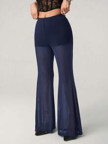 SHEIN ICON Summer Women's Going Out Night Concert Solid Color Mesh Patchwork Flare Pants, Suitable For Commuting Navy Blue Sexy - Navy Blue - View 6